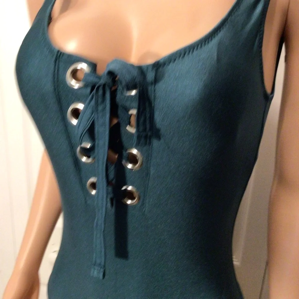 Mossimo Womens Green Grommet Lace Up One Piece Swimsuit Size Small